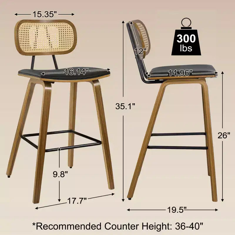 Bekrvio 26 Mid Century Modern Counter Height Bar Stools - Rattan Cane Back, Wood, PU Leather Upholstered for Kitchen Island Dining