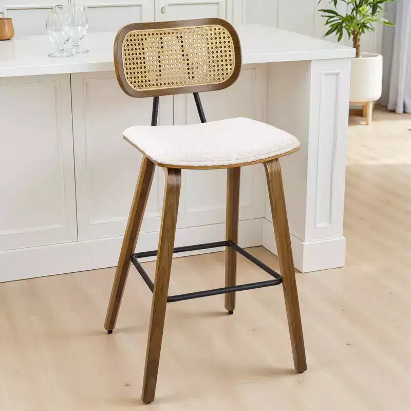 Bekrvio 26 Mid Century Modern Counter Height Bar Stools - Rattan Cane Back, Wood, PU Leather Upholstered for Kitchen Island Dining