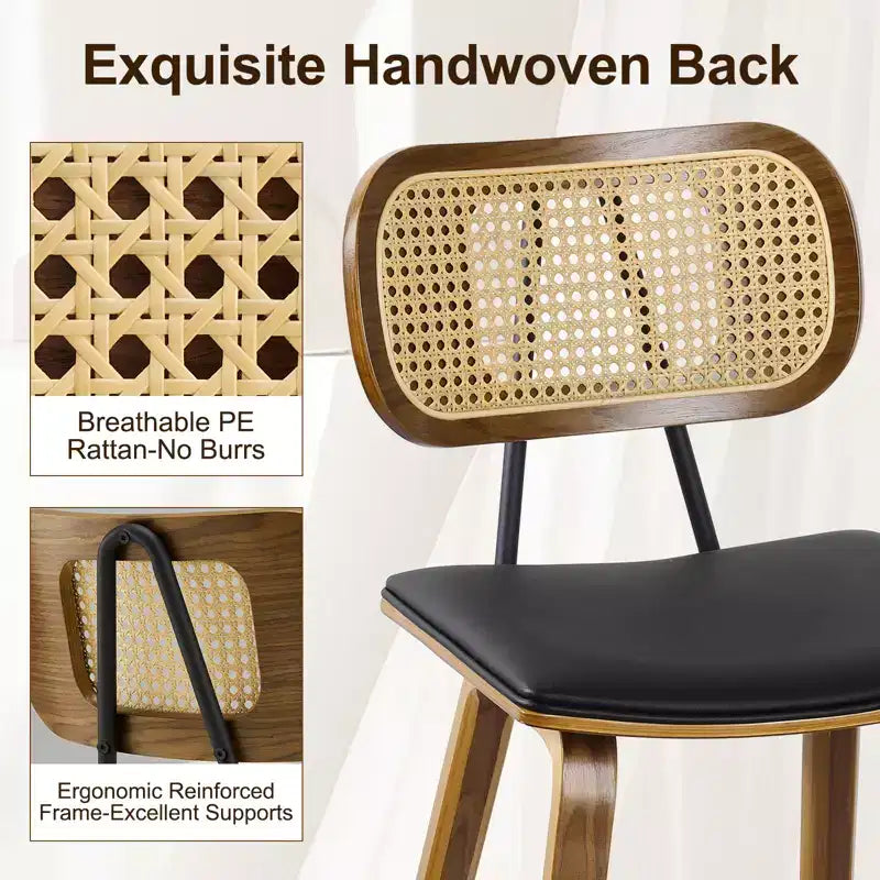 Bekrvio 26 Mid Century Modern Counter Height Bar Stools - Rattan Cane Back, Wood, PU Leather Upholstered for Kitchen Island Dining