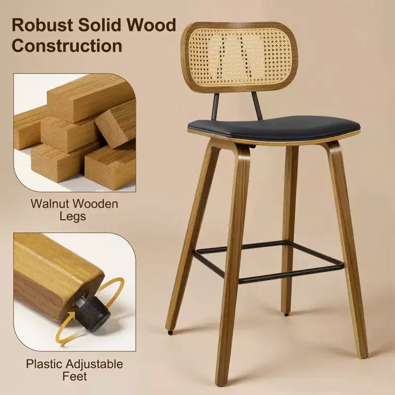 Bekrvio 26 Mid Century Modern Counter Height Bar Stools - Rattan Cane Back, Wood, PU Leather Upholstered for Kitchen Island Dining