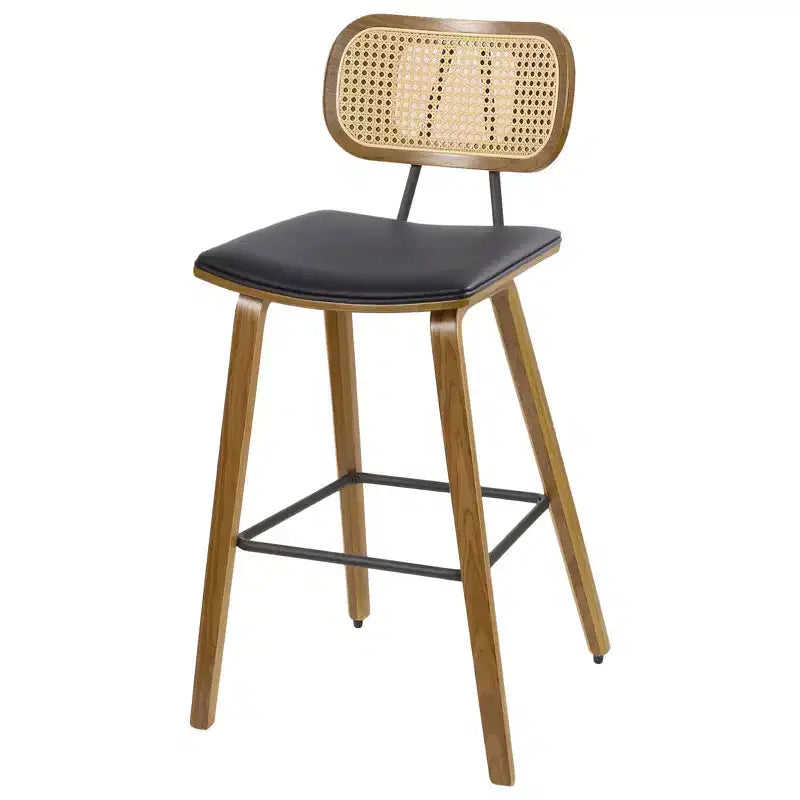 Bekrvio 26 Mid Century Modern Counter Height Bar Stools - Rattan Cane Back, Wood, PU Leather Upholstered for Kitchen Island Dining