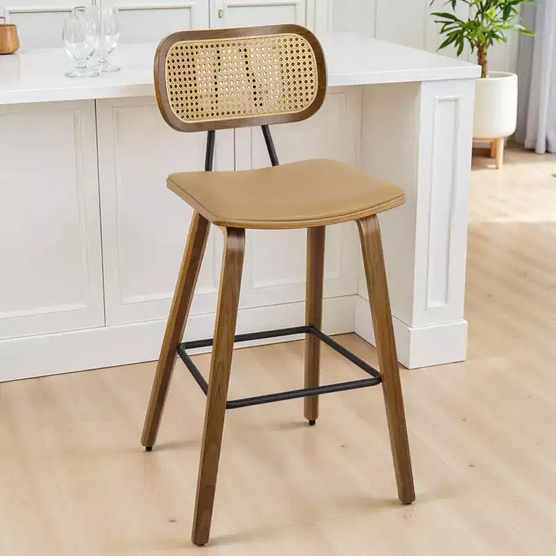 Bekrvio 26 Mid Century Modern Counter Height Bar Stools - Rattan Cane Back, Wood, PU Leather Upholstered for Kitchen Island Dining