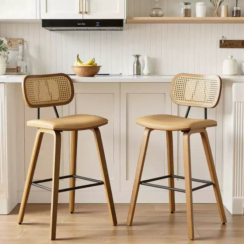 Bekrvio 26 Mid Century Modern Counter Height Bar Stools - Rattan Cane Back, Wood, PU Leather Upholstered for Kitchen Island Dining