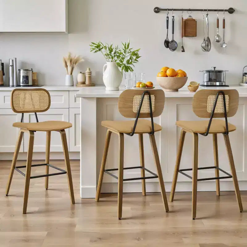 Bekrvio 26 Mid Century Modern Counter Height Bar Stools - Rattan Cane Back, Wood, PU Leather Upholstered for Kitchen Island Dining