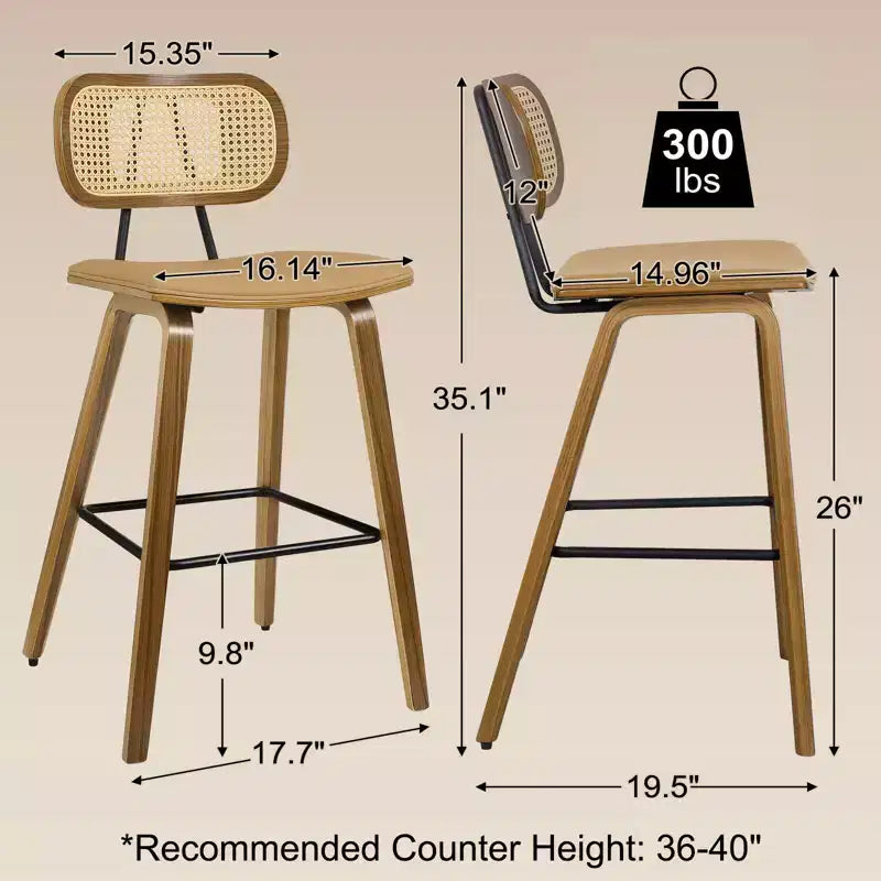 Bekrvio 26 Mid Century Modern Counter Height Bar Stools - Rattan Cane Back, Wood, PU Leather Upholstered for Kitchen Island Dining