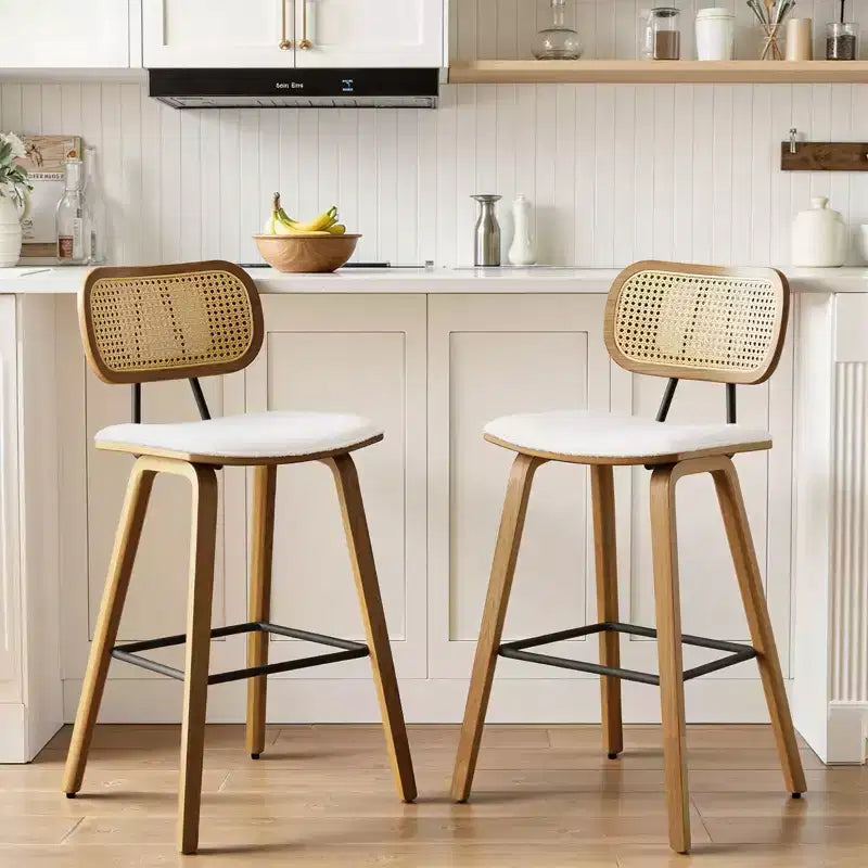 Bekrvio 26 Mid Century Modern Counter Height Bar Stools - Rattan Cane Back, Wood, PU Leather Upholstered for Kitchen Island Dining