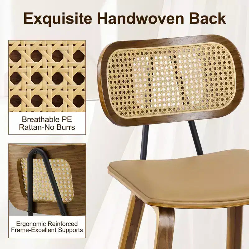 Bekrvio 26 Mid Century Modern Counter Height Bar Stools - Rattan Cane Back, Wood, PU Leather Upholstered for Kitchen Island Dining