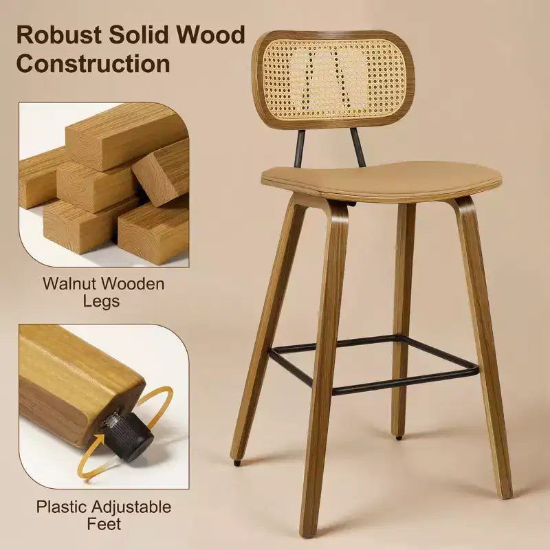 Bekrvio 26 Mid Century Modern Counter Height Bar Stools - Rattan Cane Back, Wood, PU Leather Upholstered for Kitchen Island Dining