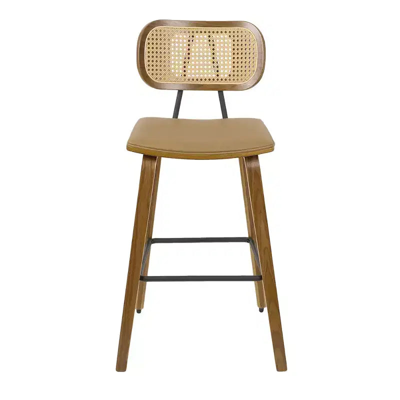 Bekrvio 26 Mid Century Modern Counter Height Bar Stools - Rattan Cane Back, Wood, PU Leather Upholstered for Kitchen Island Dining