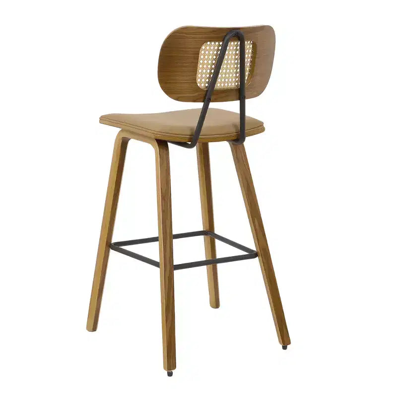 Bekrvio 26 Mid Century Modern Counter Height Bar Stools - Rattan Cane Back, Wood, PU Leather Upholstered for Kitchen Island Dining