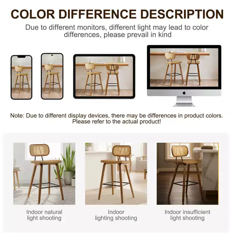 Bekrvio 26 Mid Century Modern Counter Height Bar Stools - Rattan Cane Back, Wood, PU Leather Upholstered for Kitchen Island Dining