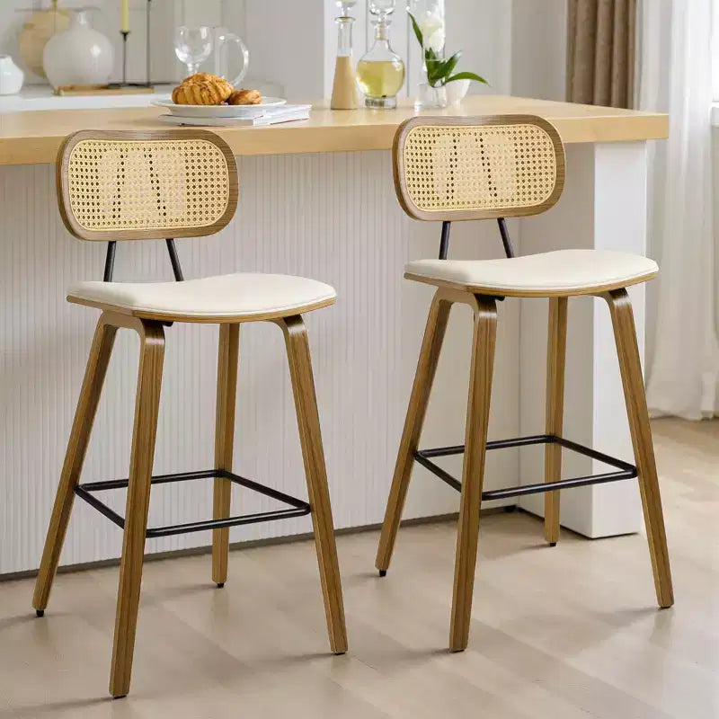 Bekrvio 26 Mid Century Modern Counter Height Bar Stools - Rattan Cane Back, Wood, PU Leather Upholstered for Kitchen Island Dining