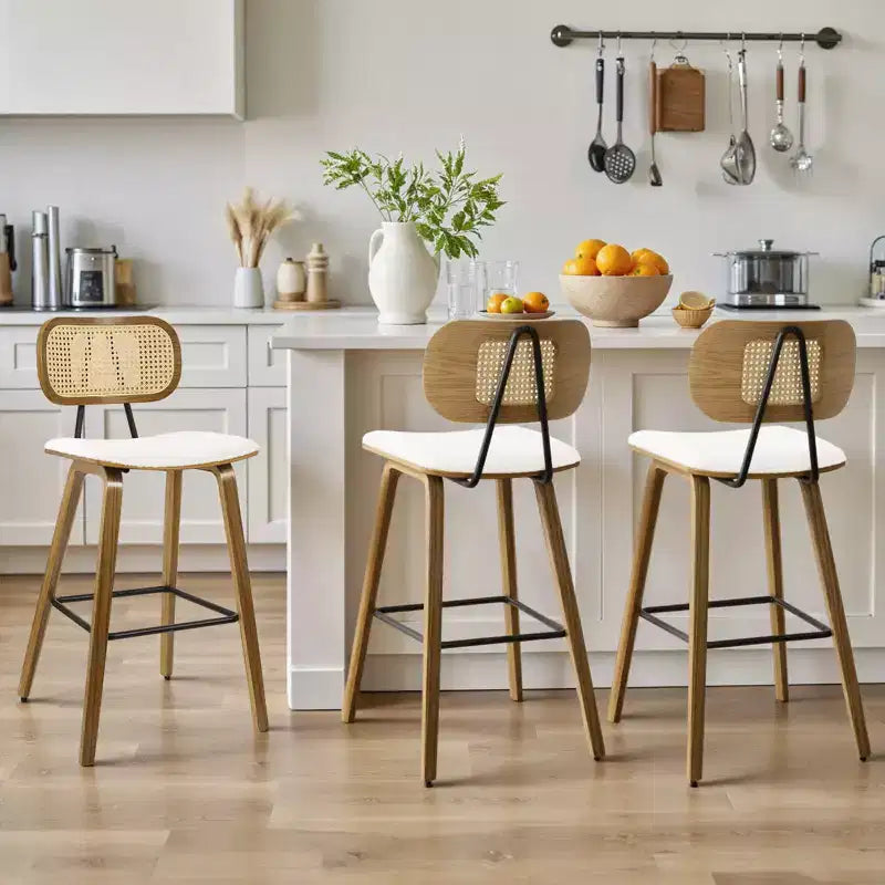 Bekrvio 26 Mid Century Modern Counter Height Bar Stools - Rattan Cane Back, Wood, PU Leather Upholstered for Kitchen Island Dining