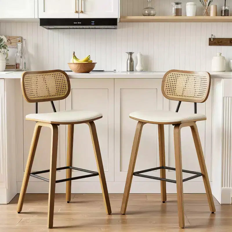 Bekrvio 26 Mid Century Modern Counter Height Bar Stools - Rattan Cane Back, Wood, PU Leather Upholstered for Kitchen Island Dining