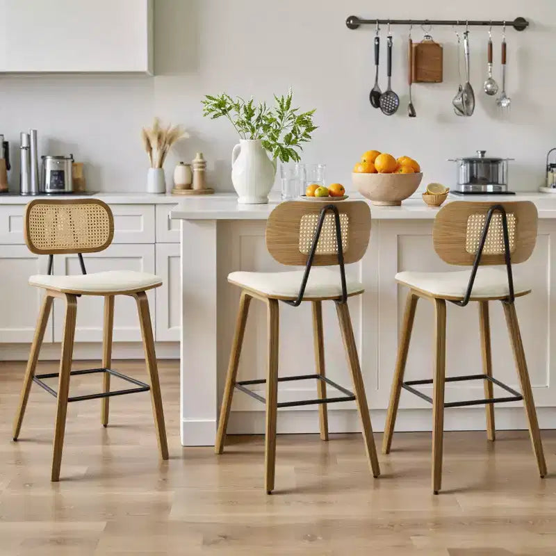 Bekrvio 26 Mid Century Modern Counter Height Bar Stools - Rattan Cane Back, Wood, PU Leather Upholstered for Kitchen Island Dining