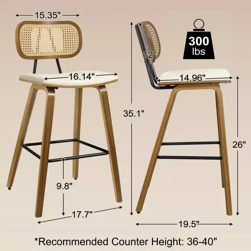 Bekrvio 26 Mid Century Modern Counter Height Bar Stools - Rattan Cane Back, Wood, PU Leather Upholstered for Kitchen Island Dining