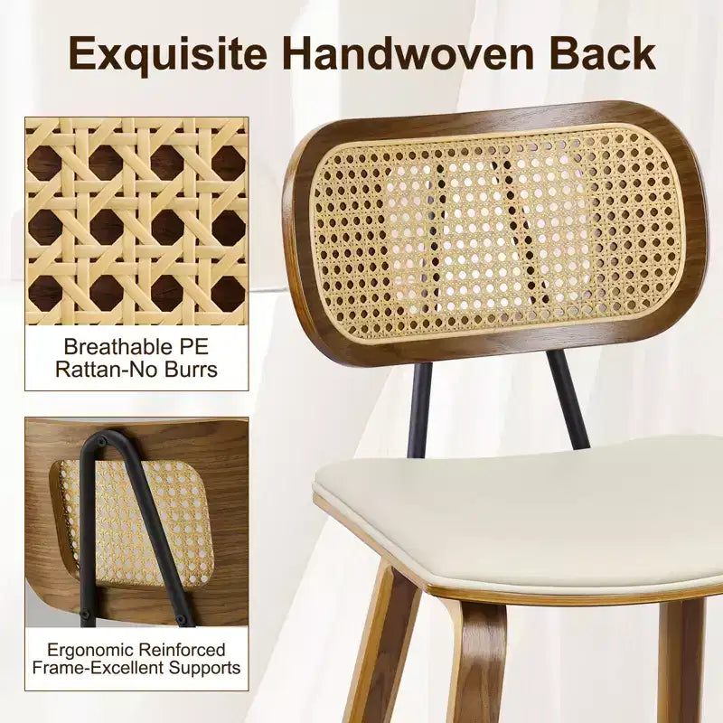 Bekrvio 26 Mid Century Modern Counter Height Bar Stools - Rattan Cane Back, Wood, PU Leather Upholstered for Kitchen Island Dining