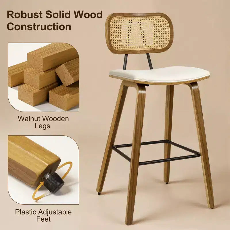 Bekrvio 26 Mid Century Modern Counter Height Bar Stools - Rattan Cane Back, Wood, PU Leather Upholstered for Kitchen Island Dining