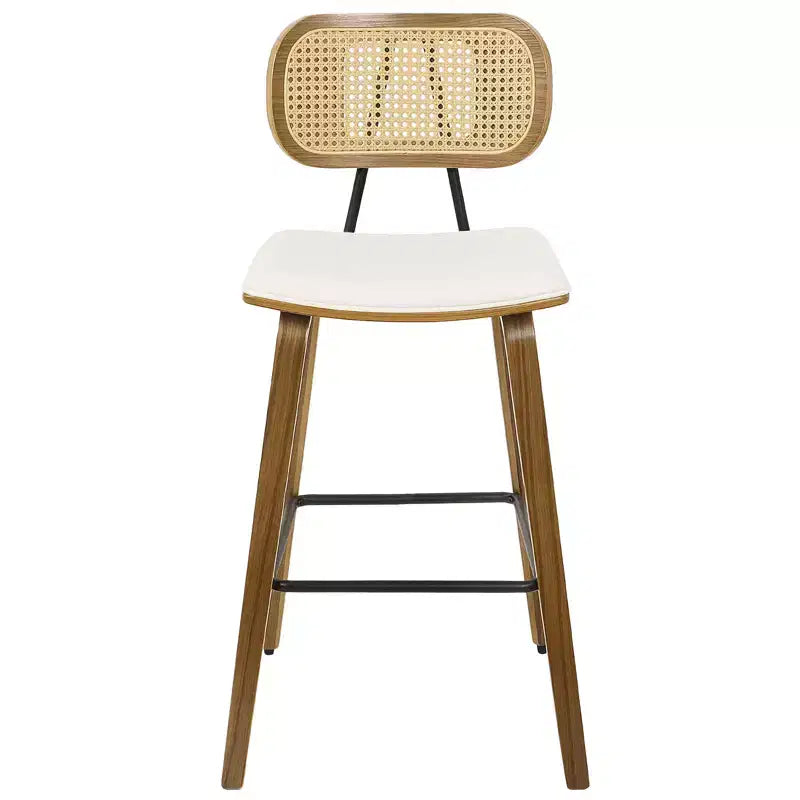 Bekrvio 26 Mid Century Modern Counter Height Bar Stools - Rattan Cane Back, Wood, PU Leather Upholstered for Kitchen Island Dining