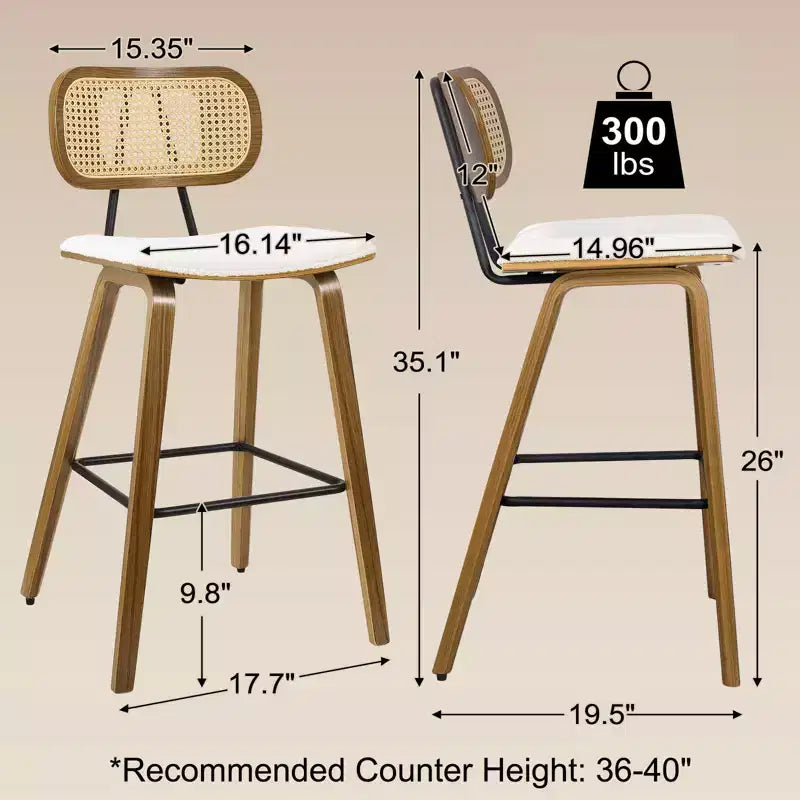 Bekrvio 26 Mid Century Modern Counter Height Bar Stools - Rattan Cane Back, Wood, PU Leather Upholstered for Kitchen Island Dining