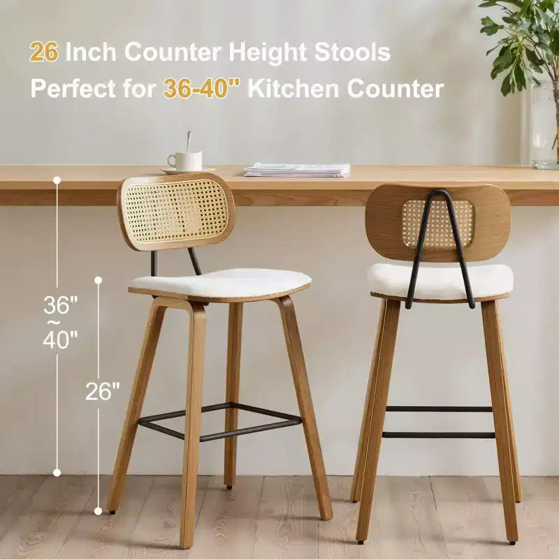 Bekrvio 26 Mid Century Modern Counter Height Bar Stools - Rattan Cane Back, Wood, PU Leather Upholstered for Kitchen Island Dining