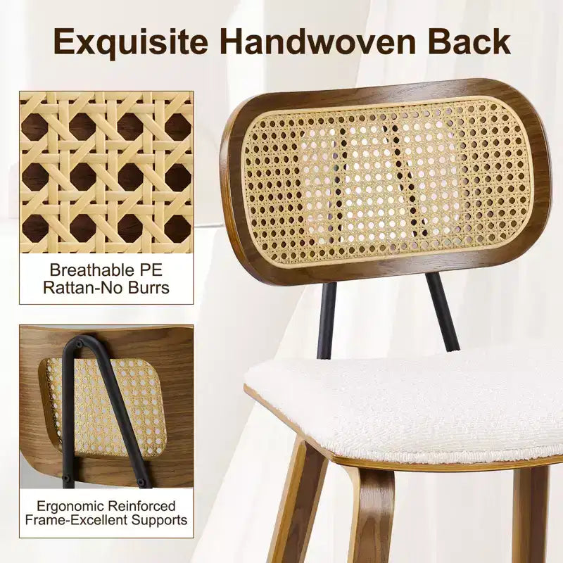 Bekrvio 26 Mid Century Modern Counter Height Bar Stools - Rattan Cane Back, Wood, PU Leather Upholstered for Kitchen Island Dining