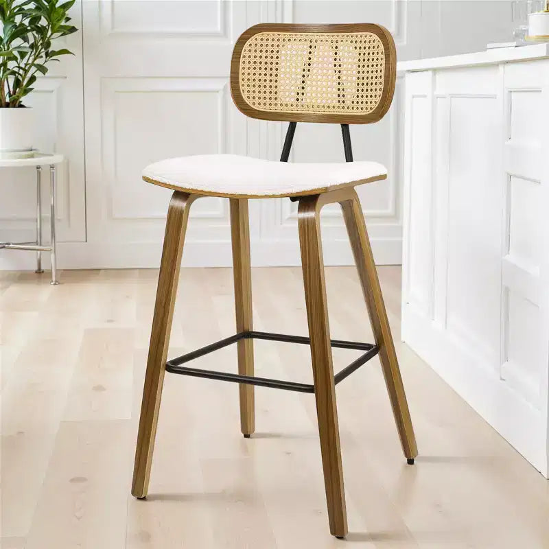 Bekrvio 26 Mid Century Modern Counter Height Bar Stools - Rattan Cane Back, Wood, PU Leather Upholstered for Kitchen Island Dining