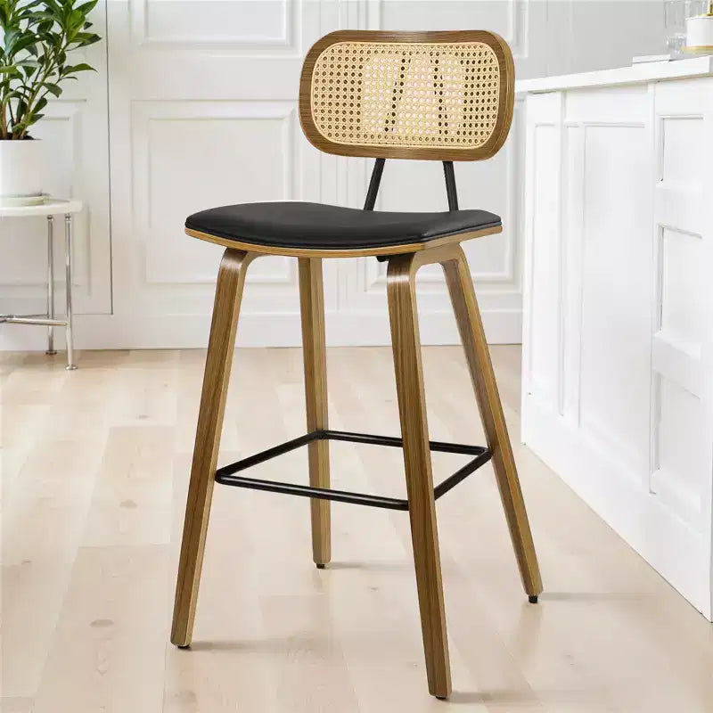 Bekrvio 26 Mid Century Modern Counter Height Bar Stools - Rattan Cane Back, Wood, PU Leather Upholstered for Kitchen Island Dining