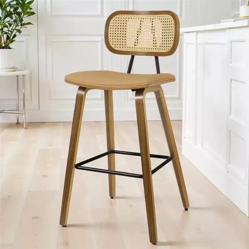 Bekrvio 26 Mid Century Modern Counter Height Bar Stools - Rattan Cane Back, Wood, PU Leather Upholstered for Kitchen Island Dining