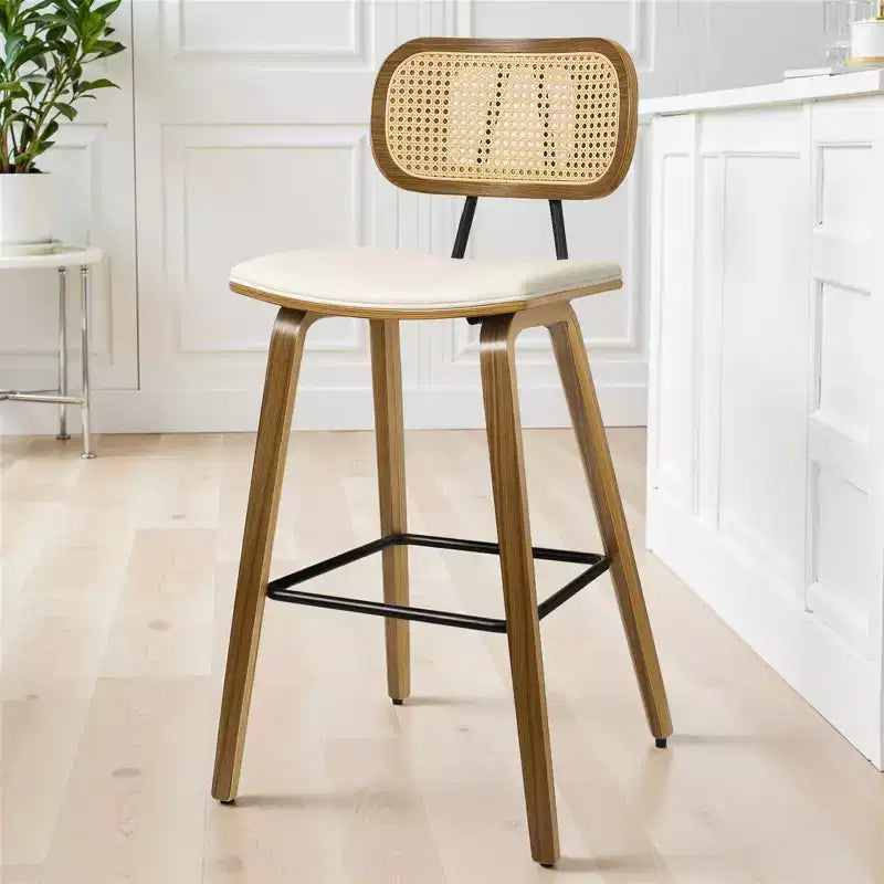 Bekrvio 26 Mid Century Modern Counter Height Bar Stools - Rattan Cane Back, Wood, PU Leather Upholstered for Kitchen Island Dining