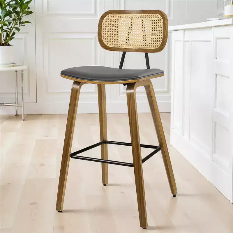 Bekrvio 26 Mid Century Modern Counter Height Bar Stools - Rattan Cane Back, Wood, PU Leather Upholstered for Kitchen Island Dining