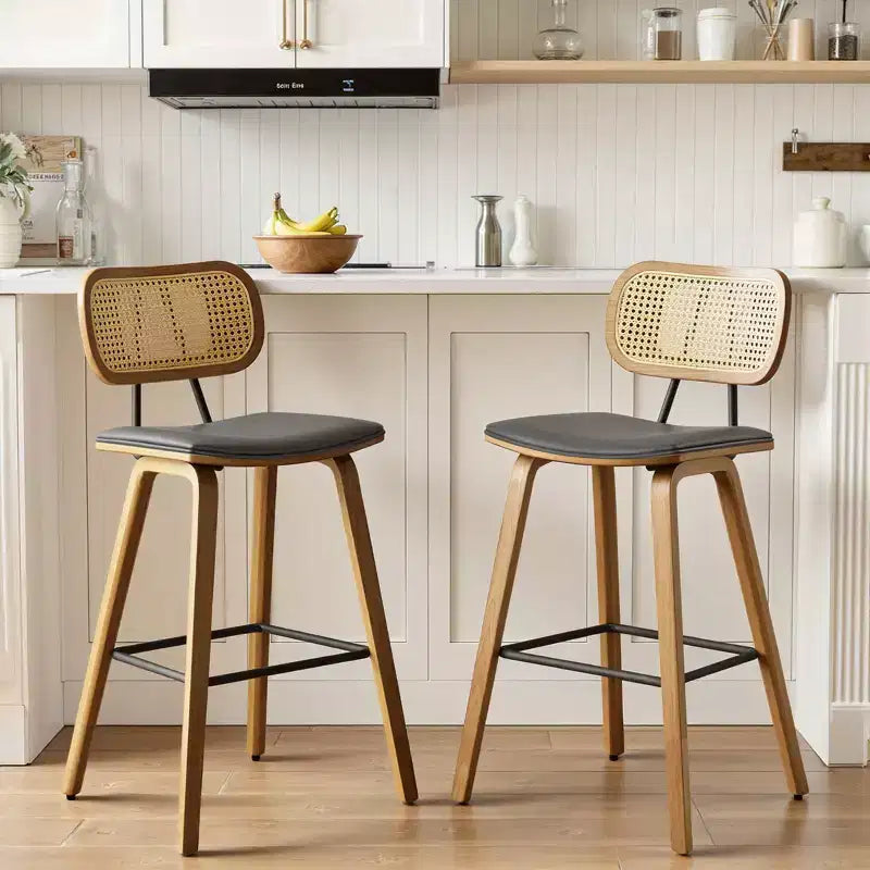 Bekrvio 26 Mid Century Modern Counter Height Bar Stools - Rattan Cane Back, Wood, PU Leather Upholstered for Kitchen Island Dining
