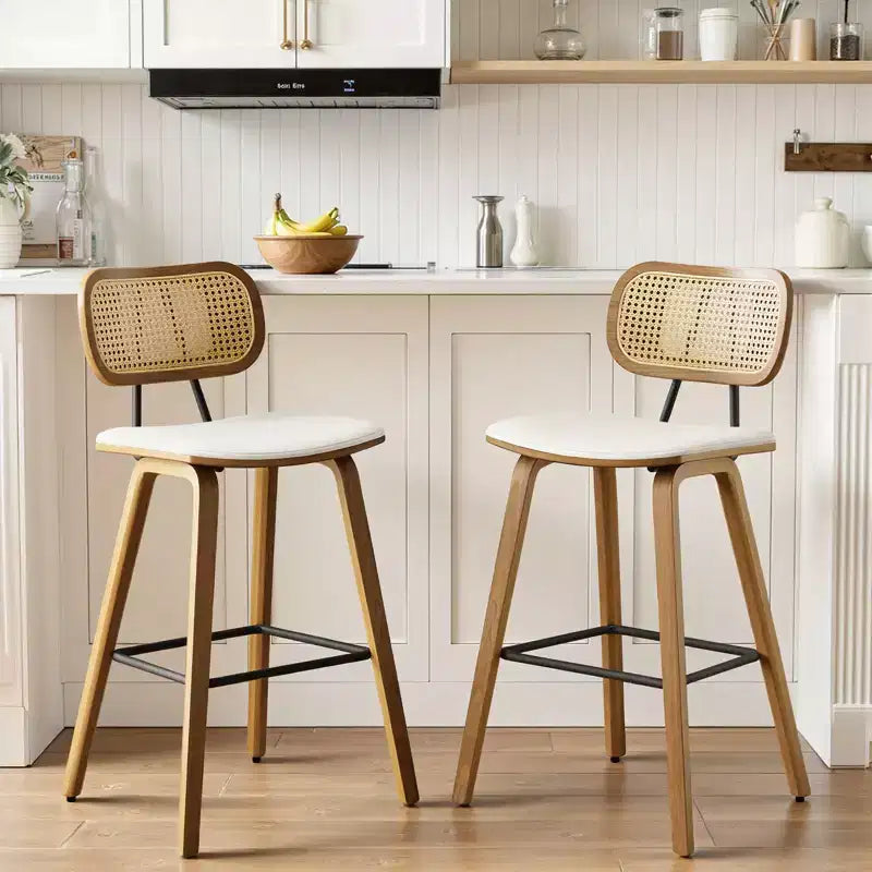 Bekrvio 26 Mid Century Modern Counter Height Bar Stools - Rattan Cane Back, Wood, PU Leather Upholstered for Kitchen Island Dining