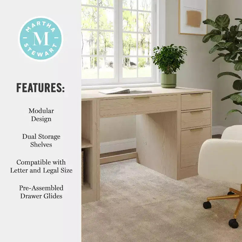 Martha Stewart Kayden Home Office Modular Single-Drawer Desk with 2 Tier Shelf and 3 Drawer File Cabinet