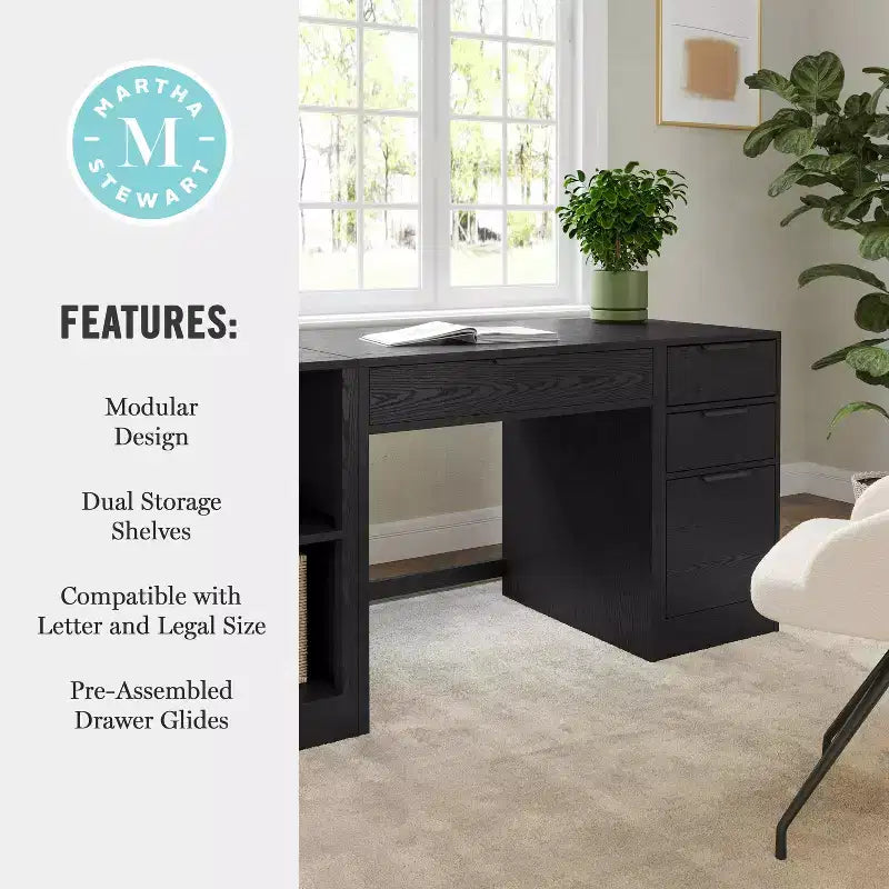 Martha Stewart Kayden Home Office Modular Single-Drawer Desk with 2 Tier Shelf and 3 Drawer File Cabinet