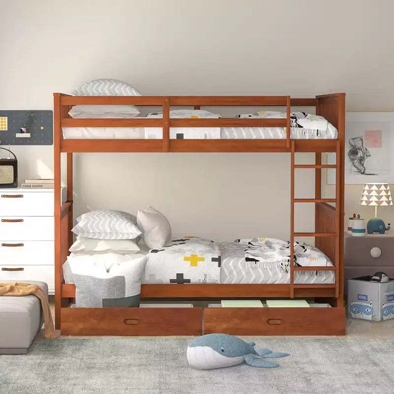 Wooden Bunk Bed with Built-in Ladder & Storage Drawers, Convertible into Two Beds - ModernLuxe