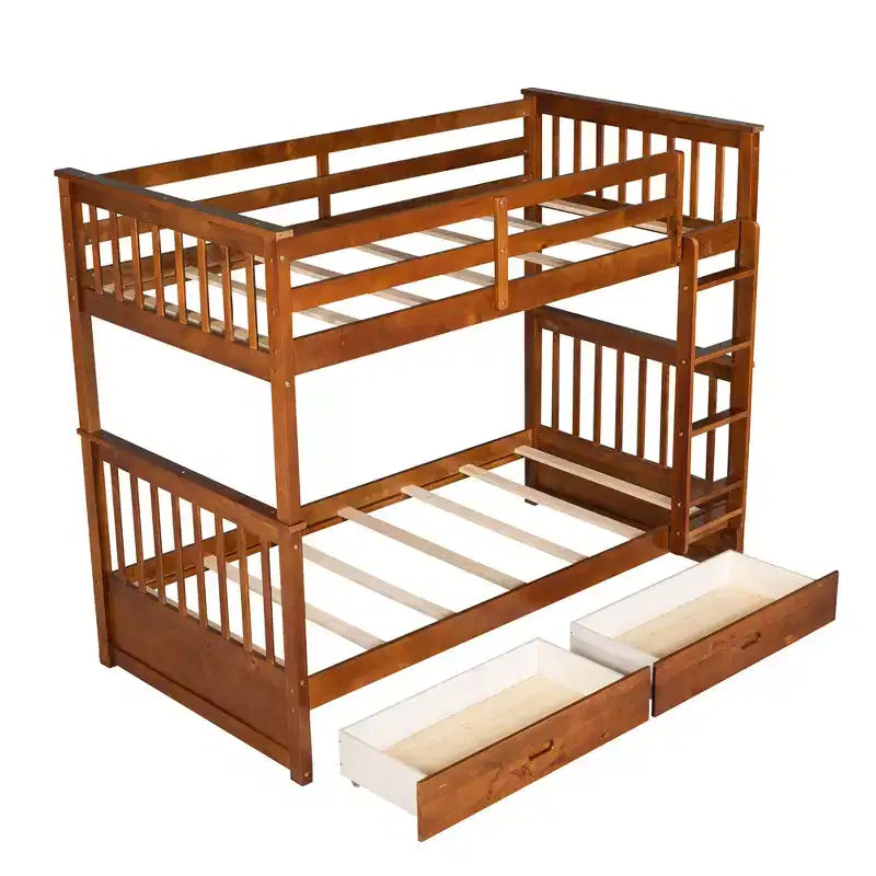 Wooden Bunk Bed with Built-in Ladder & Storage Drawers, Convertible into Two Beds - ModernLuxe