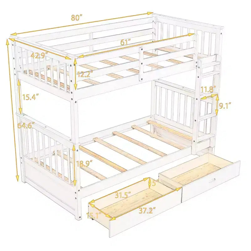 Wooden Bunk Bed with Built-in Ladder & Storage Drawers, Convertible into Two Beds - ModernLuxe