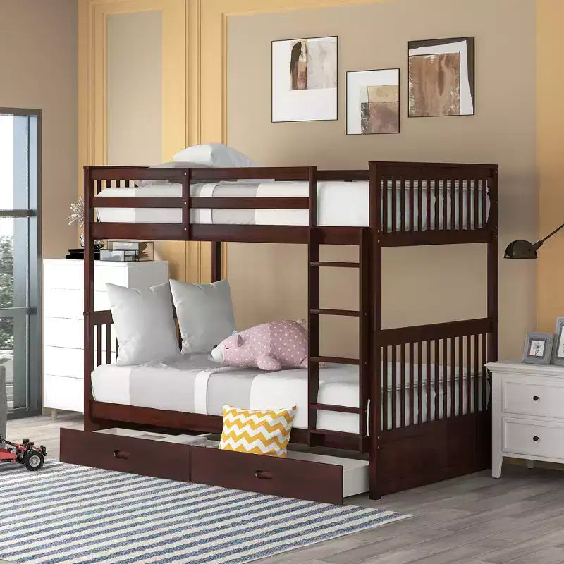 Wooden Bunk Bed with Built-in Ladder & Storage Drawers, Convertible into Two Beds - ModernLuxe