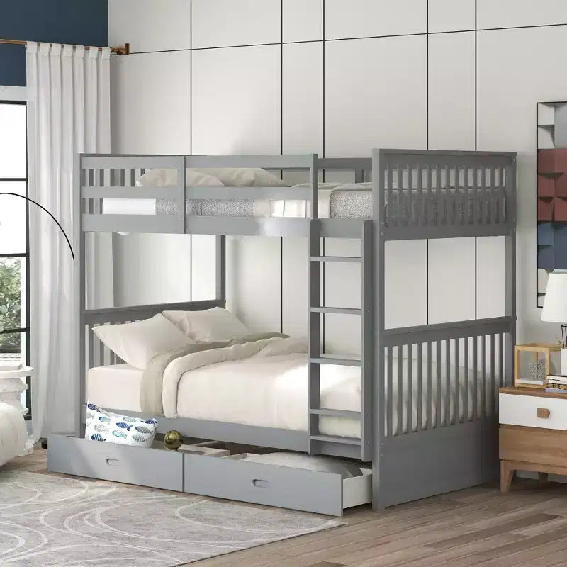 Wooden Bunk Bed with Built-in Ladder & Storage Drawers, Convertible into Two Beds - ModernLuxe
