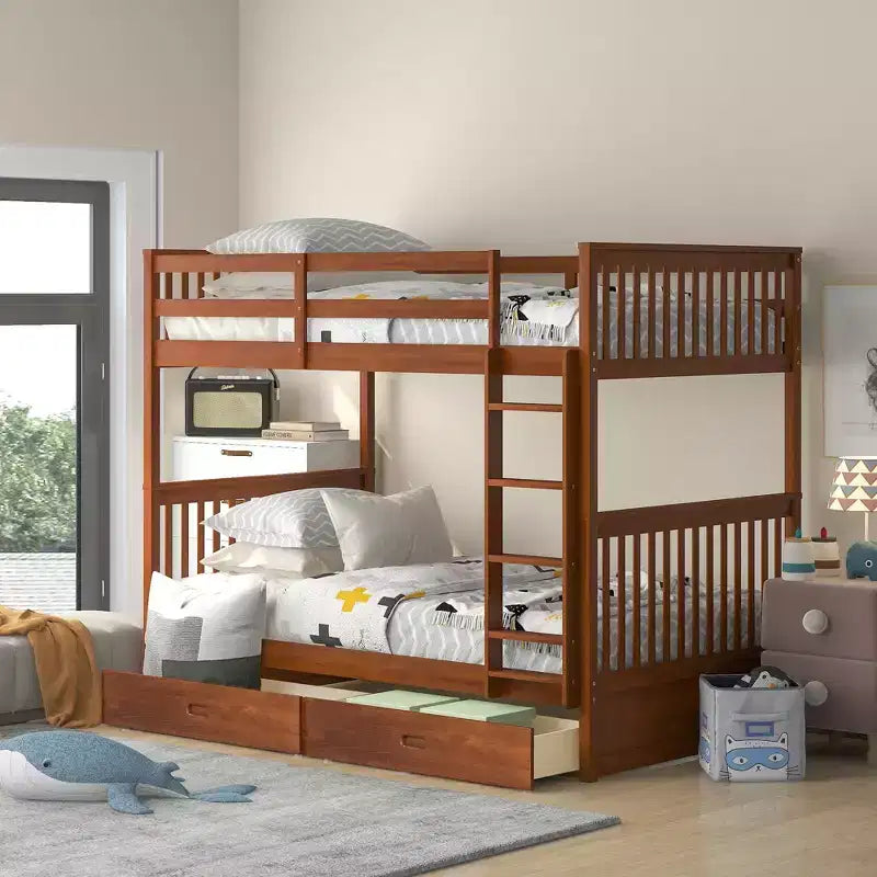 Wooden Bunk Bed with Built-in Ladder & Storage Drawers, Convertible into Two Beds - ModernLuxe