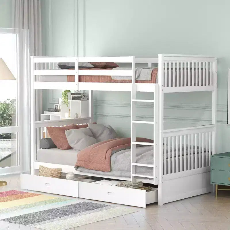 Wooden Bunk Bed with Built-in Ladder & Storage Drawers, Convertible into Two Beds - ModernLuxe