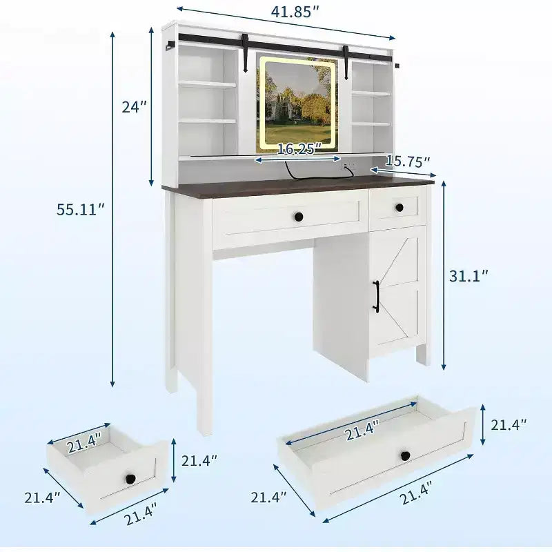 47in White Makeup Vanity Table with Storage, Compact Dressing Desk with Cabinets & Drawers for Bedroom Apartment Living Room