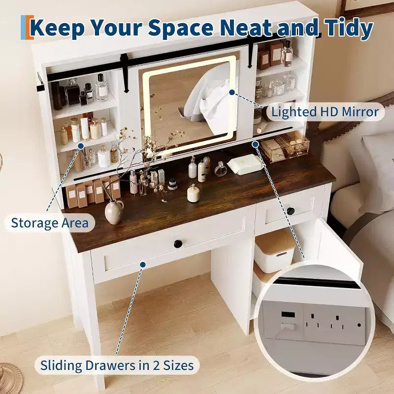 47in White Makeup Vanity Table with Storage, Compact Dressing Desk with Cabinets & Drawers for Bedroom Apartment Living Room