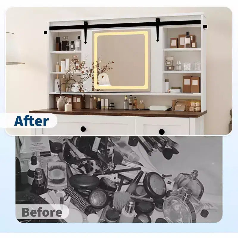 47in White Makeup Vanity Table with Storage, Compact Dressing Desk with Cabinets & Drawers for Bedroom Apartment Living Room