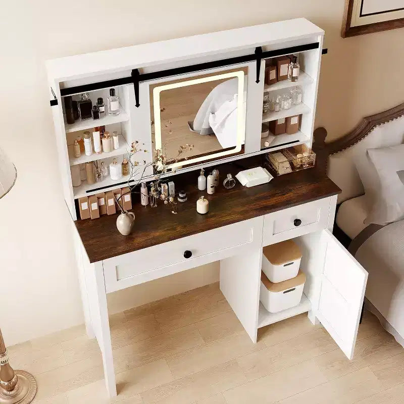 47in White Makeup Vanity Table with Storage, Compact Dressing Desk with Cabinets & Drawers for Bedroom Apartment Living Room
