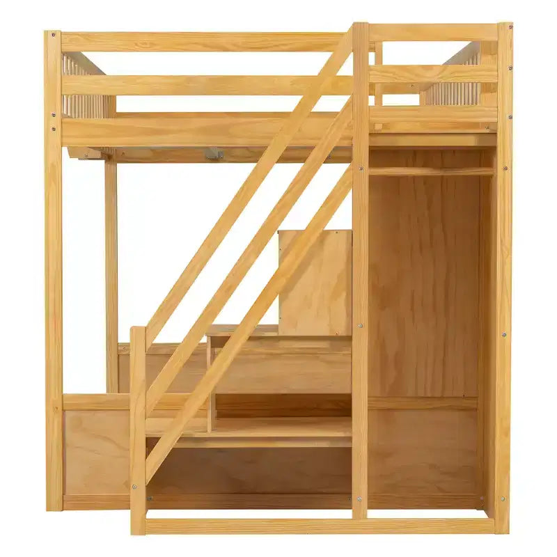 Luxystar Queen Wood Loft Bed with Wardrobe, Storage Staircase and Shelves
