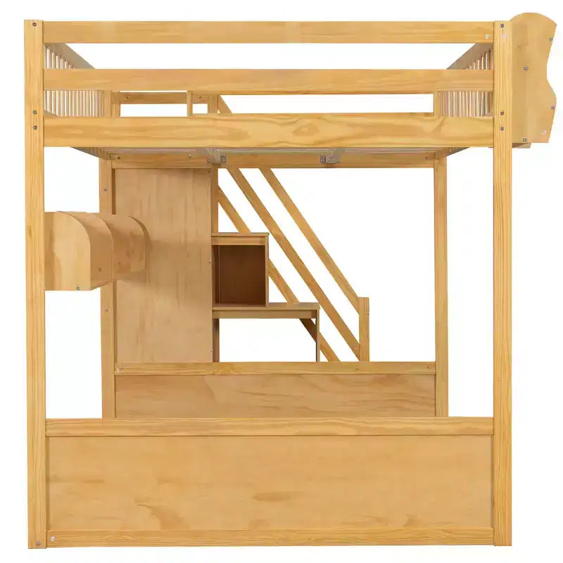 Luxystar Queen Wood Loft Bed with Wardrobe, Storage Staircase and Shelves