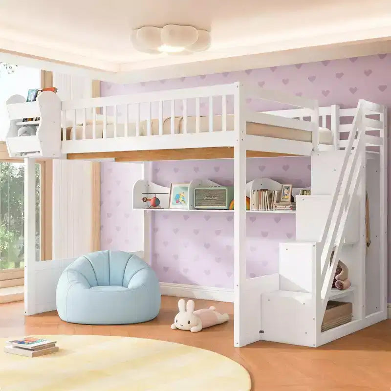 Luxystar Queen Wood Loft Bed with Wardrobe, Storage Staircase and Shelves