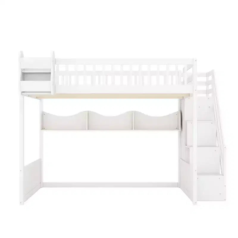 Luxystar Queen Wood Loft Bed with Wardrobe, Storage Staircase and Shelves